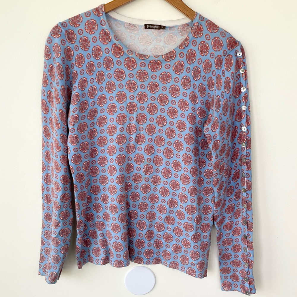 J McLaughlin Medallion Print Cotton Modal Blend Boatneck Sweater S Small Blue